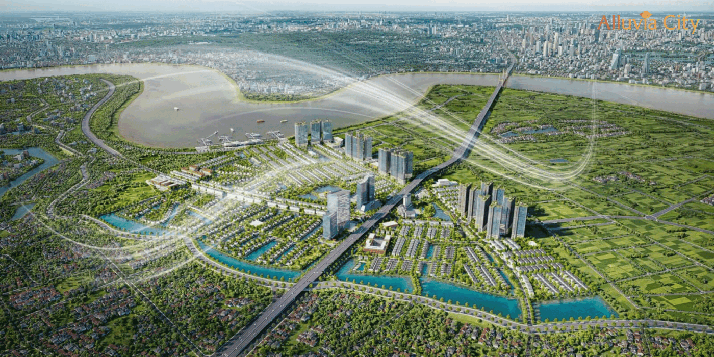 Toàn cảnh khu đô thị Alluvia City Hưng Yên nhìn từ trên cao, nổi bật với vị trí ven sông Hồng và không gian xanh rộng lớn.