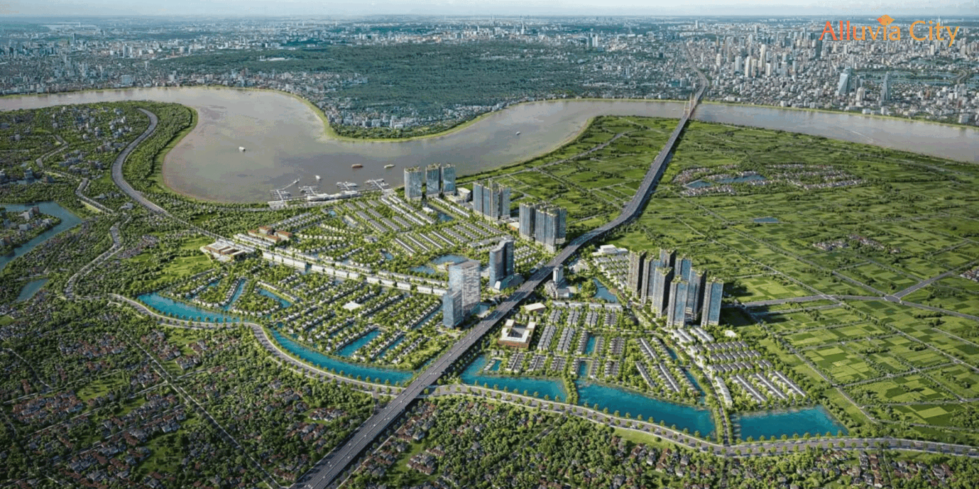 Toàn cảnh khu đô thị Alluvia City Hưng Yên nhìn từ trên cao, bao quanh bởi sông Hồng và mảng xanh rộng lớn.