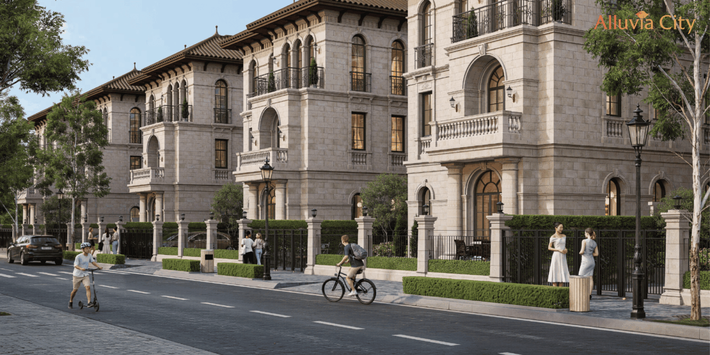 Biệt thự đơn lập Alluvia City Hưng Yên mang phong cách cổ điển châu Âu với tường đá sáng và ban công lớn.