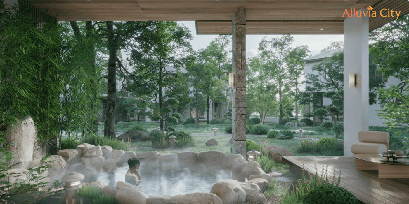 Khu Onsen trong Alluvia City Hưng Yên với thiết kế hài hòa thiên nhiên, mang phong cách nghỉ dưỡng cao cấp.