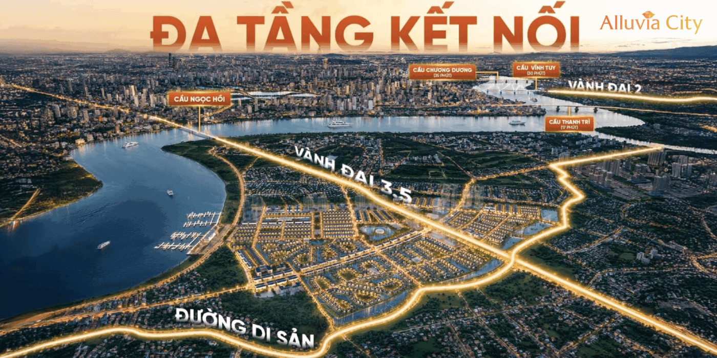 Bản đồ đêm thể hiện vị trí Alluvia City Hưng Yên với mạng lưới cầu, đường và vành đai kết nối trực tiếp Hà Nội.