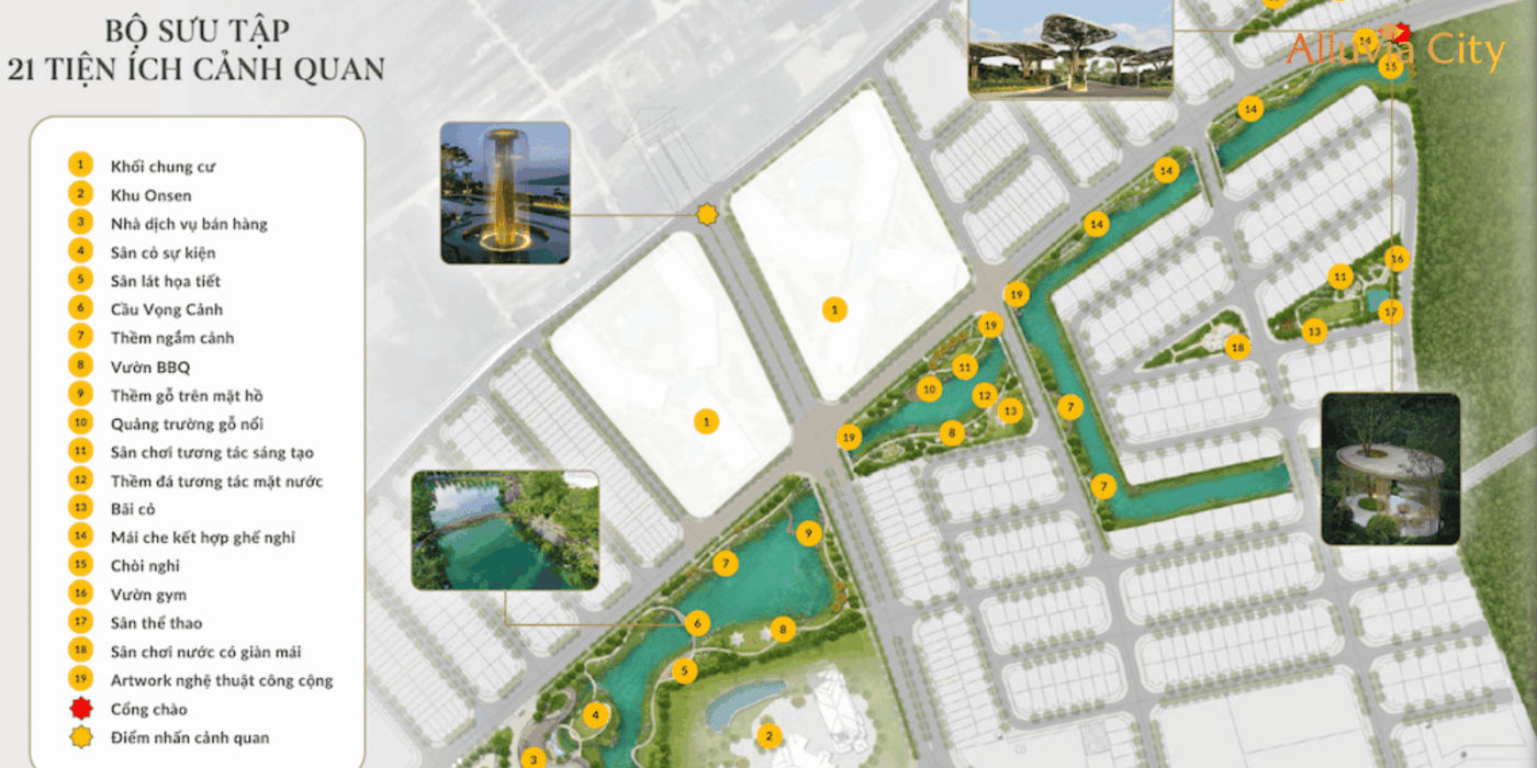 Bản đồ bố trí 21 tiện ích cảnh quan tại khu đô thị Alluvia City Hưng Yên, bao gồm công viên, Onsen, cầu vọng cảnh và quảng trường nổi.