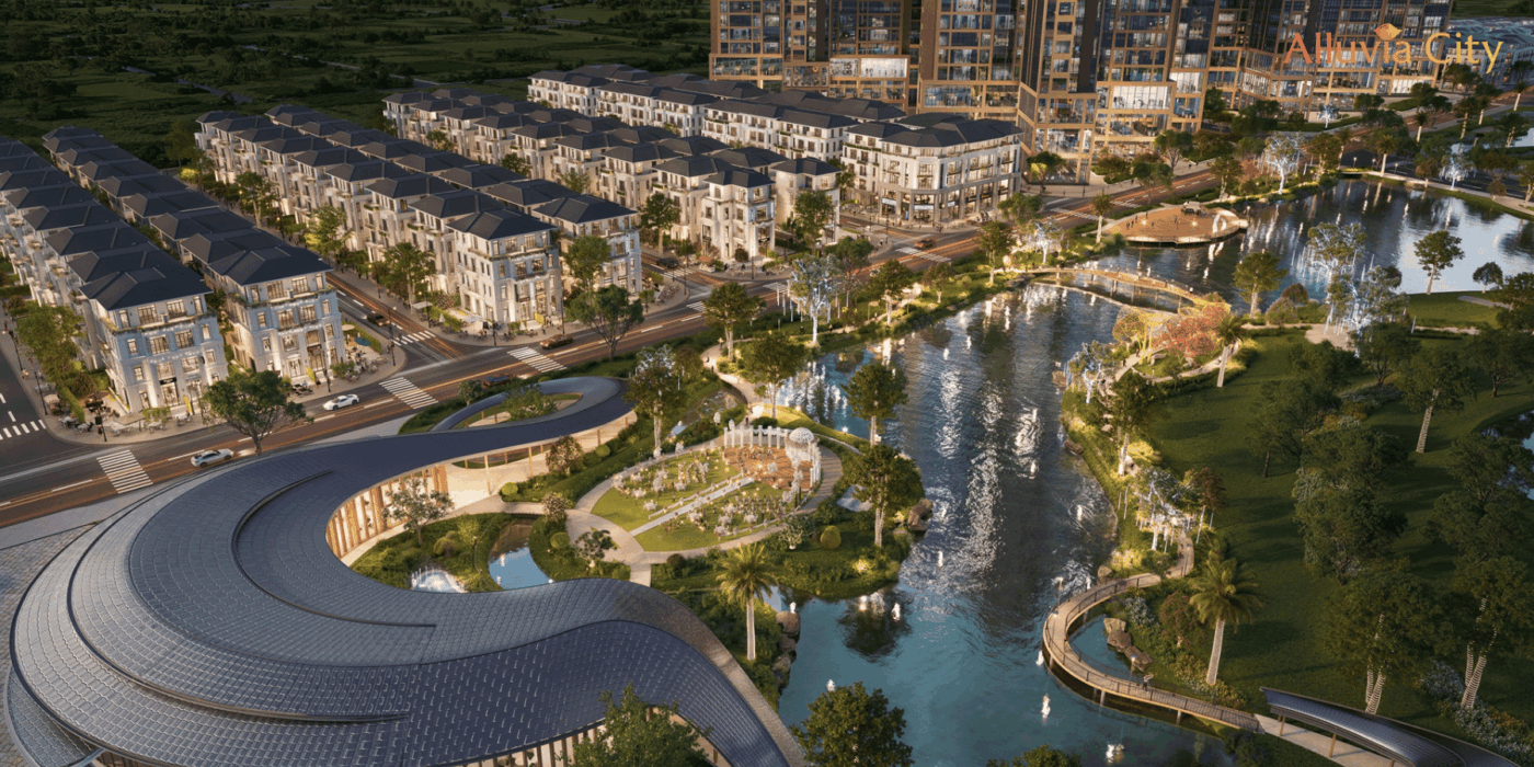 Khu cảnh quan trung tâm Alluvia City Hưng Yên lung linh ánh sáng, kết hợp hồ nước và không gian cây xanh.